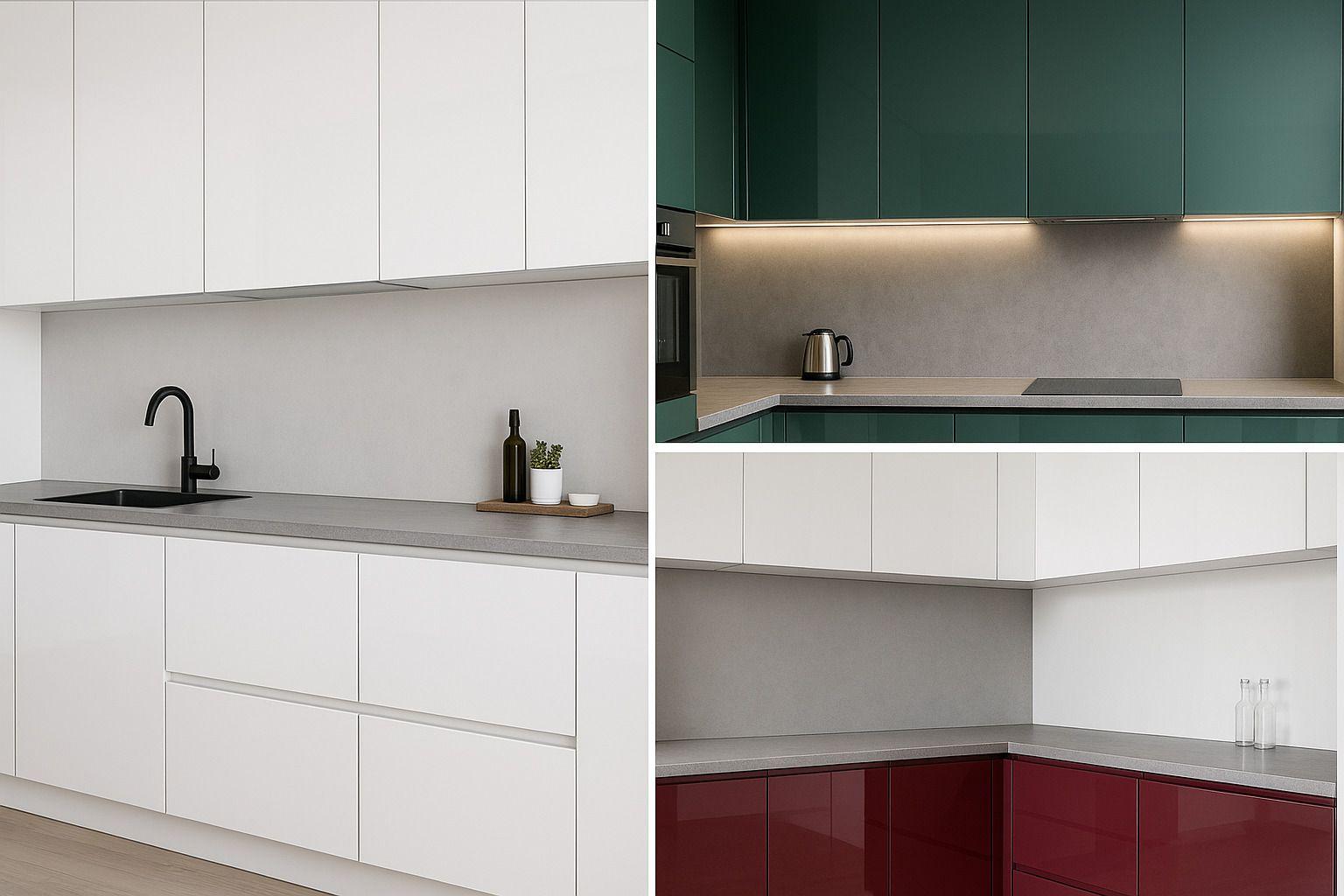 Dreiteilige Bildcollage mit modernen Hochglanz-Küchen in Weiß, Dunkelgrün und Bordeaux – glatte, grifflose Fronten mit Lichtakzenten.